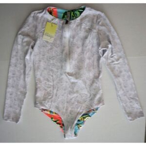 Maaji Women's Sz XL White/Multi Cuba Print 1-Pc L/S Reversible Swimsuit